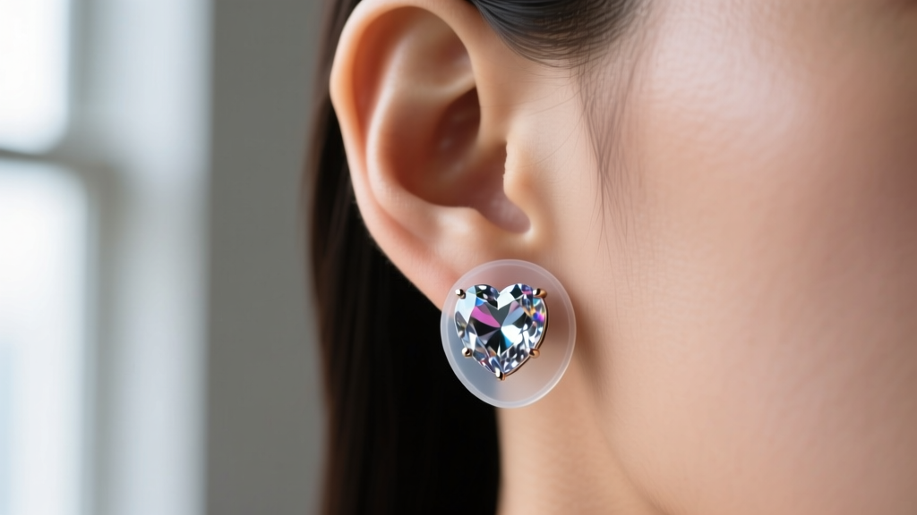 Side view of an earlobe wearing a heavy gemstone earring with heart shape, supported by a clear silicone earring lifter patch.