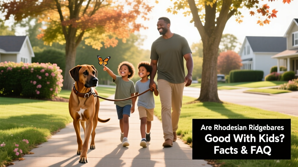 A family walking together: a Rhodesian Ridgeback on leash beside a parent and two children on a sunny neighborhood path