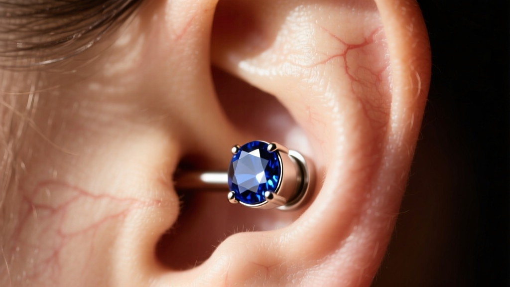 Close-up of a 16g titanium flat back labret with a bezel sapphire gem resting in a healed upper helix cartilage ear piercing.