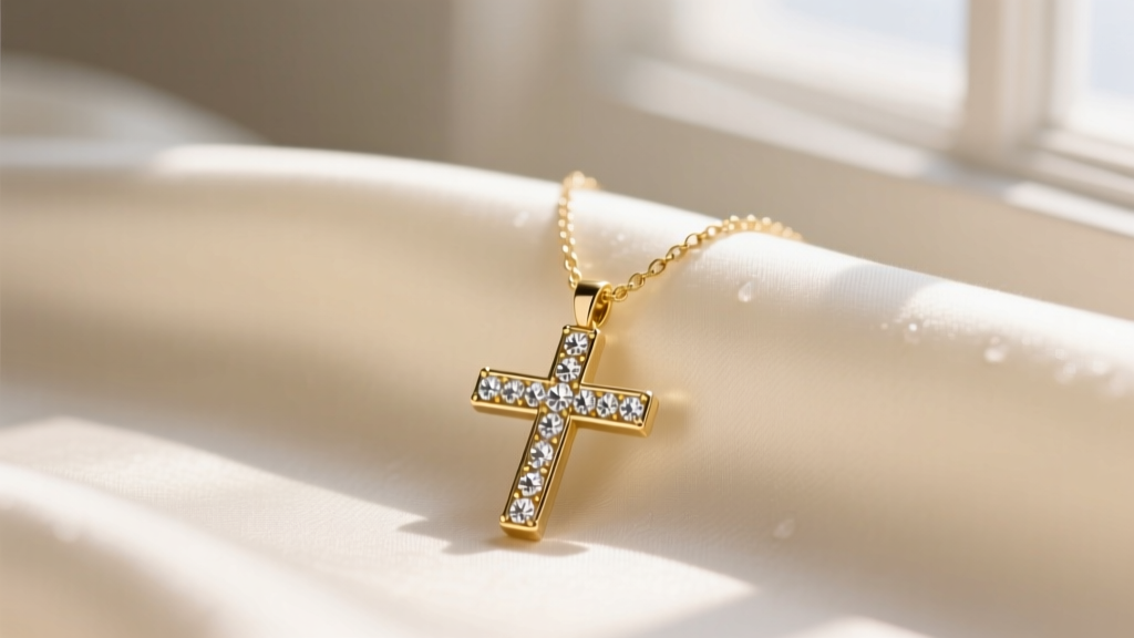 Gold Stella and Dot cross necklace on cream silk, soft morning light highlighting pavé crystals on the delicate brass pendant.