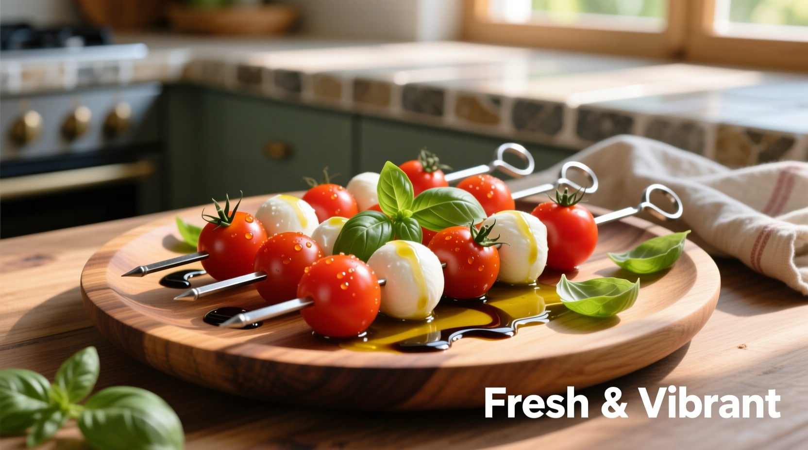 Colorful tomato and mozzarella kebabs on wooden platter