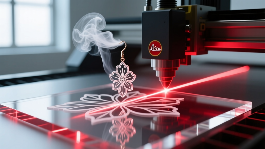 A laser cutter engraving floral drop earring designs onto clear acrylic, illuminated by a glowing red laser beam and light smoke.