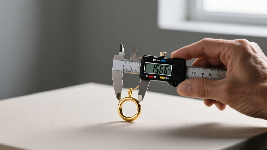 Jeweler using a digital caliper to measure the exact millimeter diameter and depth of a minimalist 15mm gold circle pendant.