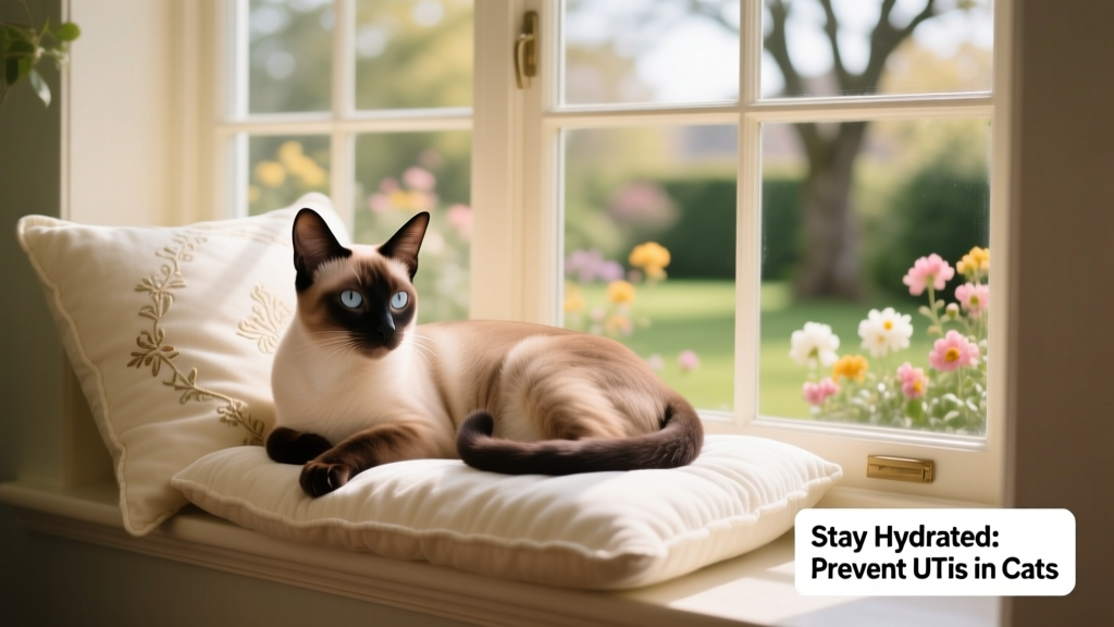 Cat resting comfortably on a window perch with soft bedding and a view outside