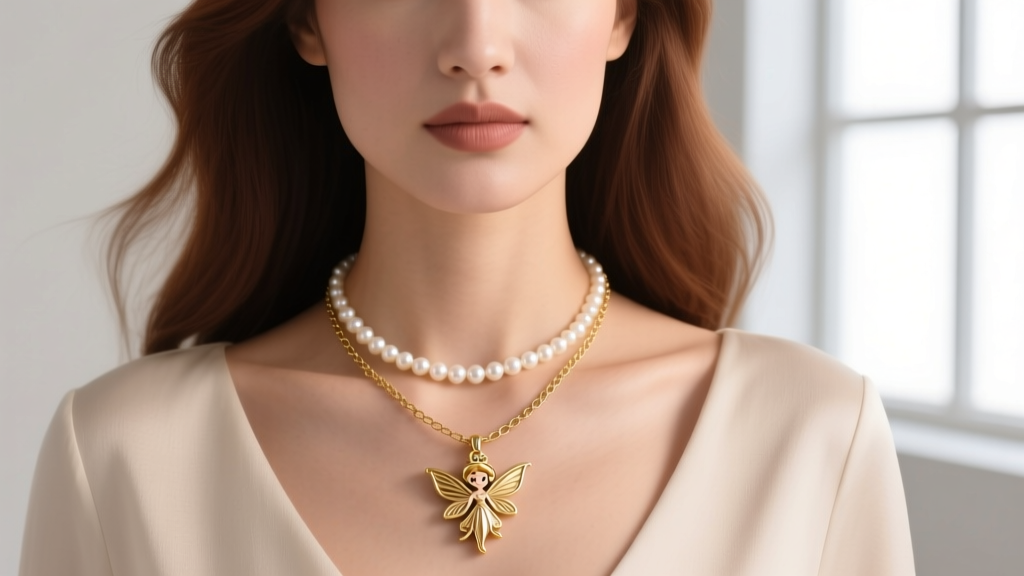 Woman wearing a subtle gold Sofia the First amulet layered with an 18-inch satellite chain and a small freshwater pearl choker