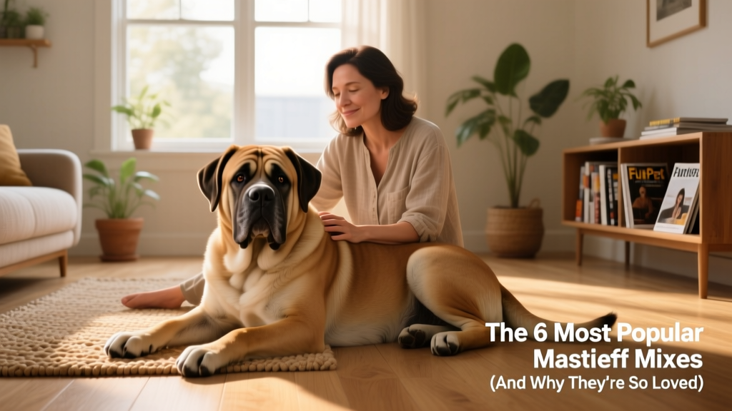 A gentle, relaxed FurPetVo Mastiff resting beside its owner on a sunlit living room floor