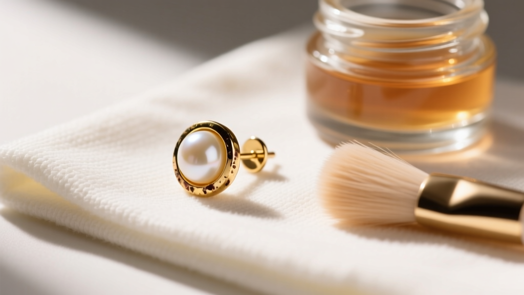 Tarnished gold-plated Kate Spade pearl stud earring on a microfiber cloth beside a jar of gentle jewelry polish and a soft brush.