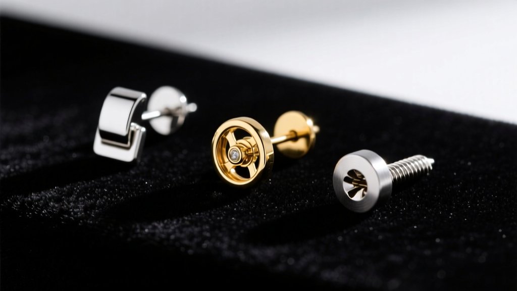 Macro shot of three earring backs on dark velvet: standard friction clutch, La Pousette locking back, and a threaded screw-back.