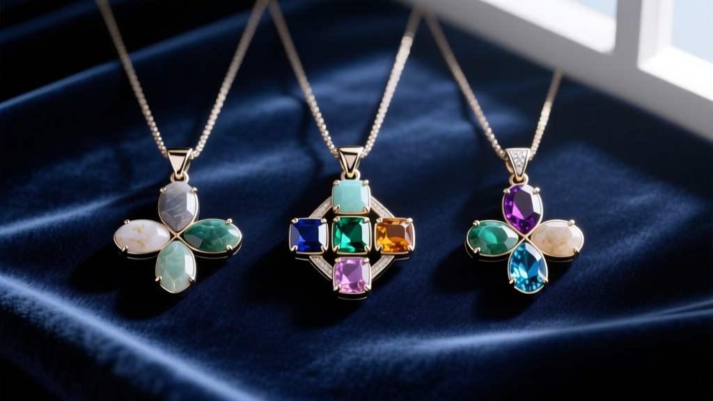 Flat lay of three journey pendants showing three, four, and five stone configurations against a dark navy velvet backdrop.