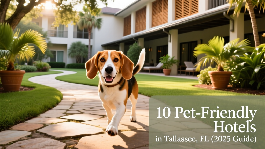 A friendly beagle exploring a sunlit hotel courtyard with greenery and walking paths