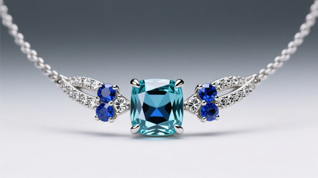 Macro shot of a platinum necklace with a bezel-set aquamarine flanked by two pavé sapphire clusters under bright studio lighting