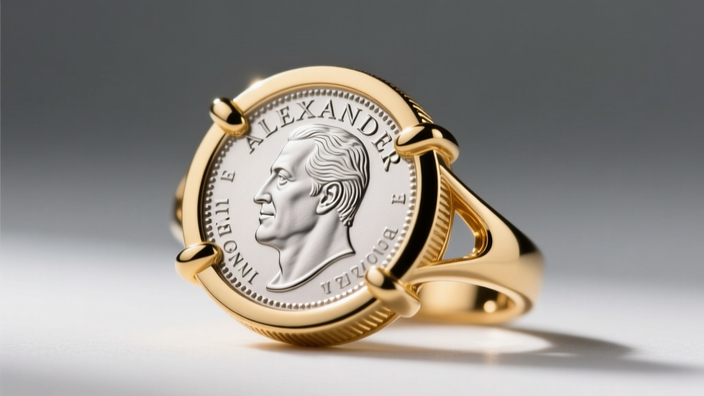 Macro shot of a 14k gold bezel setting holding a silver Alexander coin replica, highlighting prong tension and polished metal.