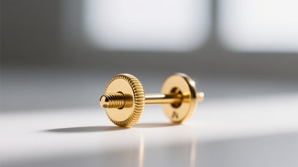 Macro shot of a 20-gauge 14k gold earring post with a La pousette screw-back, focused against a soft blurred gray backdrop