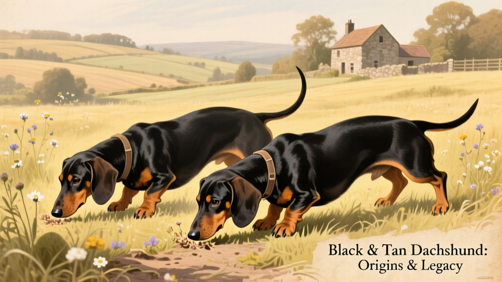 Historical illustration or vintage photo showing early German Dachshunds in fieldwork, emphasizing their compact build and classic black and tan coloring