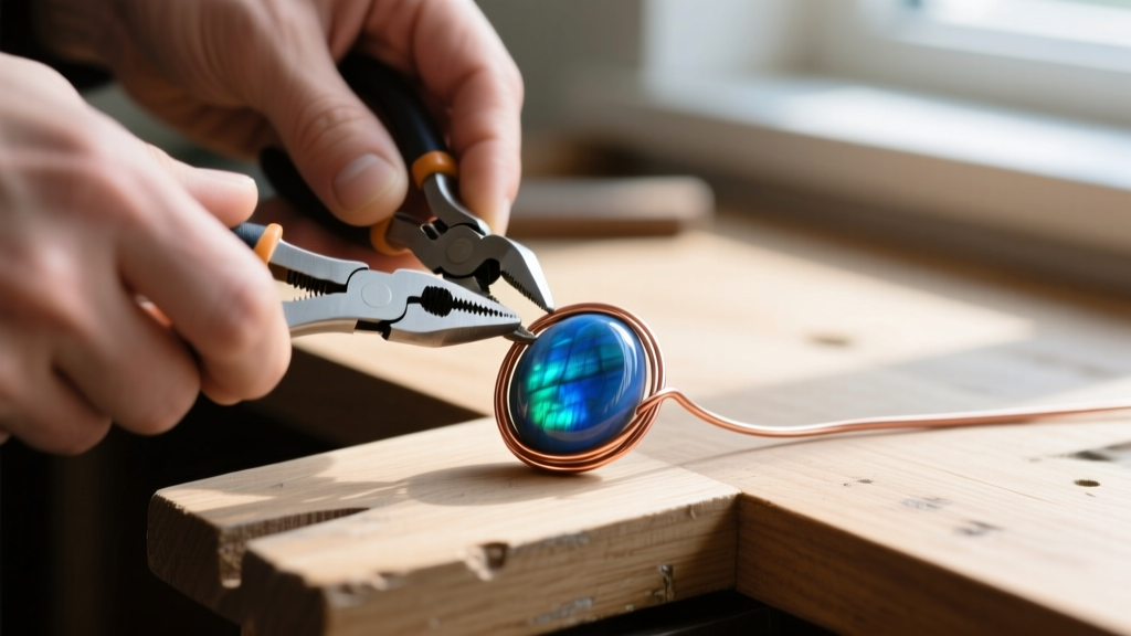 Hands using nylon-jaw pliers to bend 20-gauge copper wire around a polished blue labradorite cabochon on a wooden workbench.