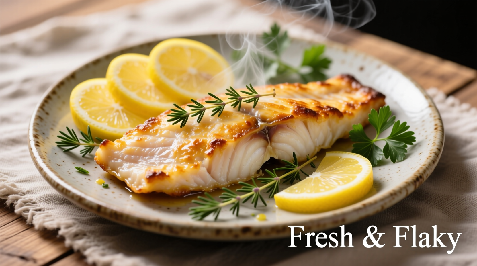 Perfectly baked cod fillet with lemon slices and herbs