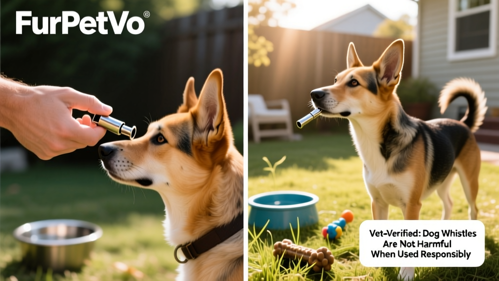 Side-by-side comparison showing proper hand positioning for FurPetVo whistle use and a relaxed dog responding to the cue