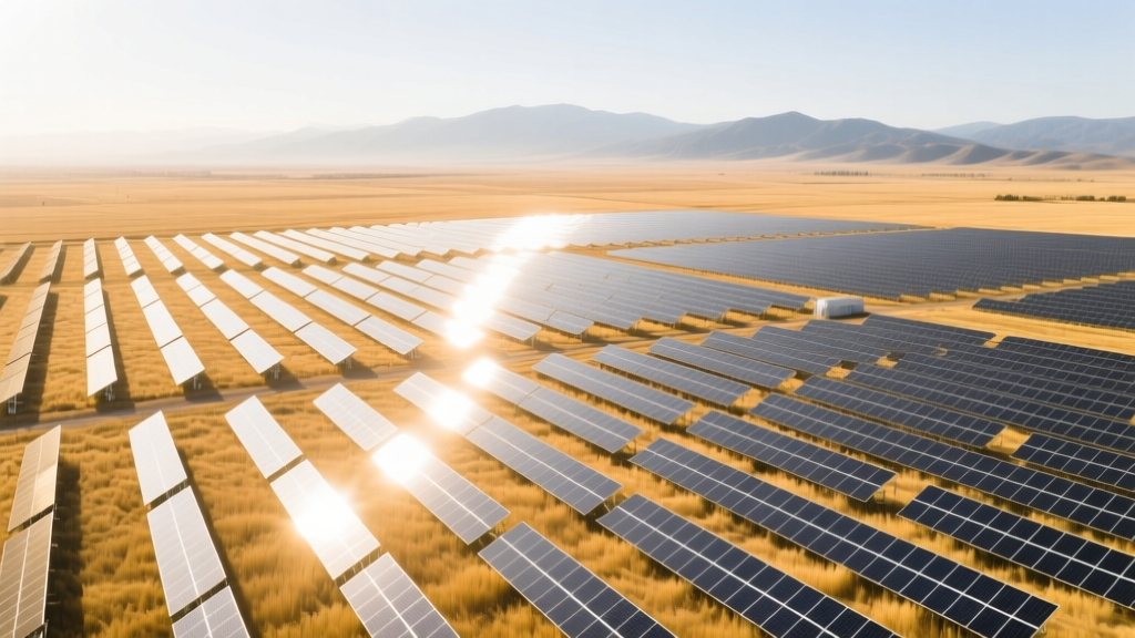 Aerial view of a vast utility-scale solar farm with single-axis tracking panels reflecting sunlight against dry grass and distant mountains