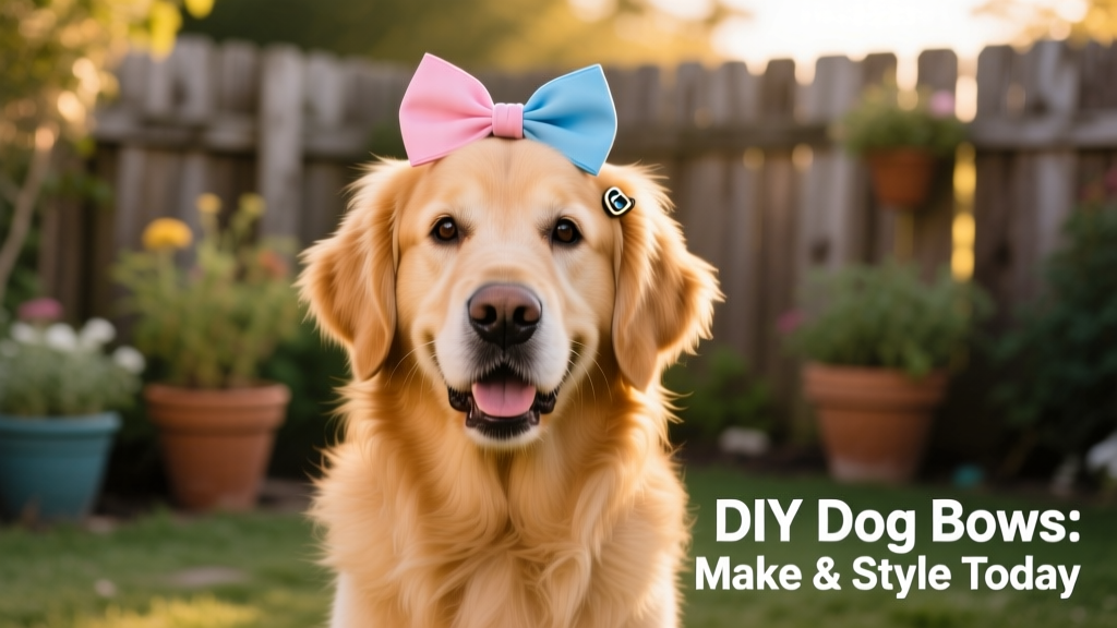 A golden retriever wearing a reversible bow clip, showing both color sides