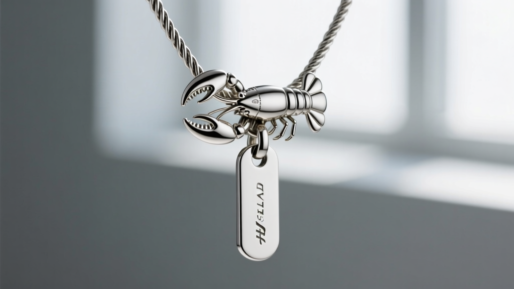 Close-up of a lobster clasp on a 3mm rope chain attached to a silver tab pendant, showing secure, durable jewelry hardware.