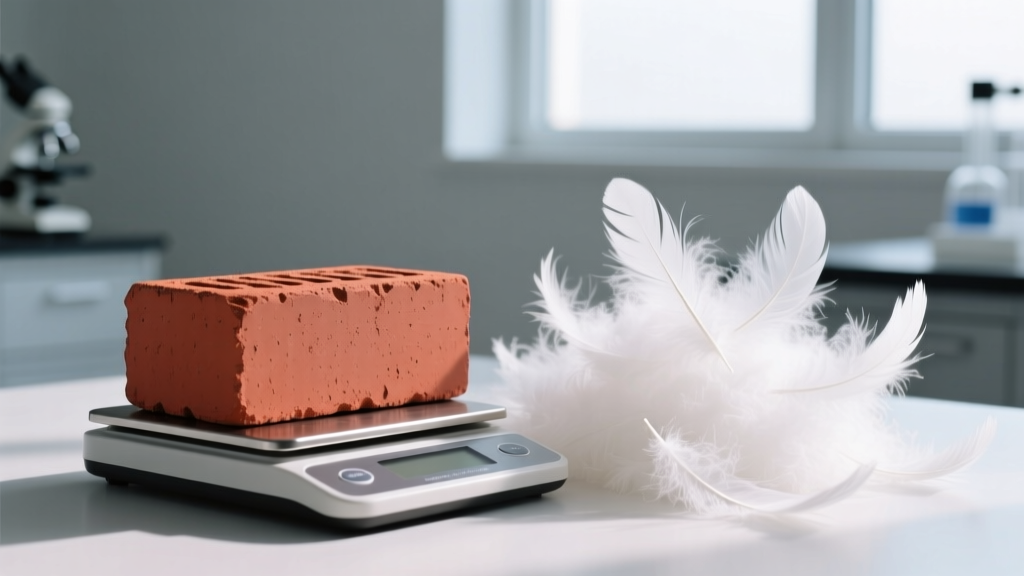 Close-up of a standard red clay brick resting on a digital scale next to a pile of white down feathers in a bright lab