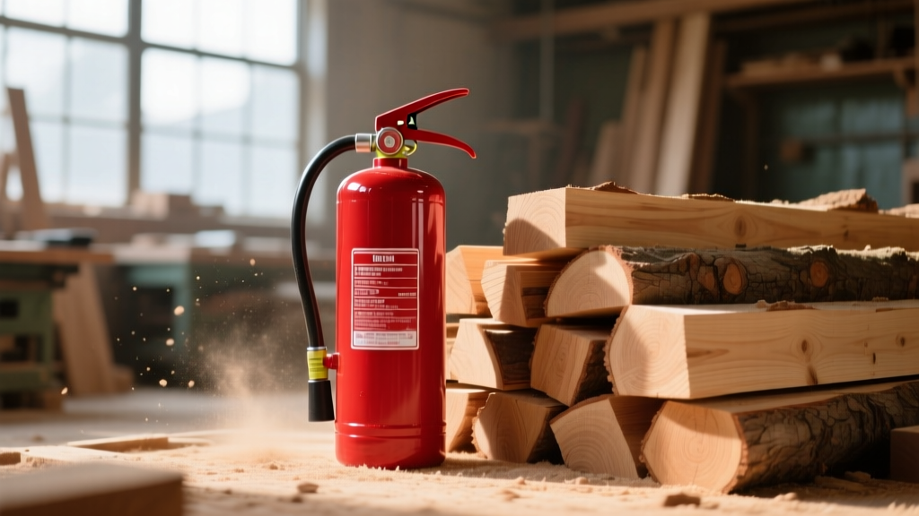 Red pressurized water fire extinguisher positioned next to a stack of lumber in a woodworking shop