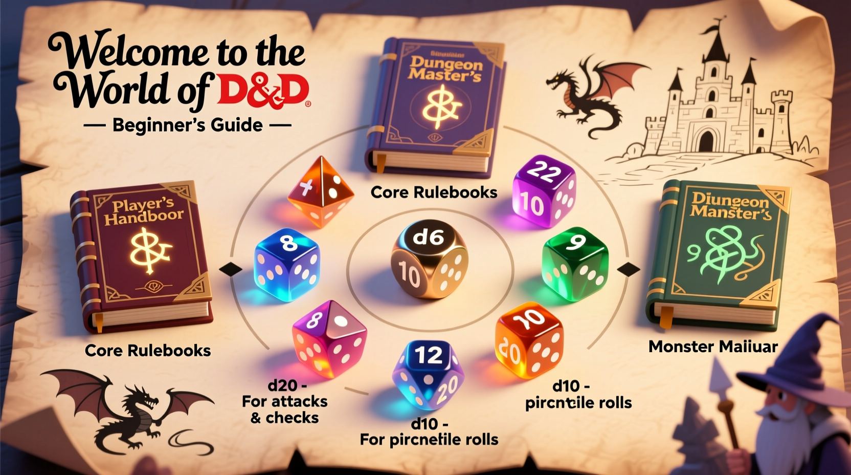 beginner guide to getting started with dnd essential rulebooks and dice