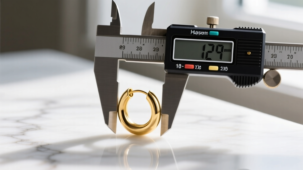 Close-up of digital calipers measuring a 1.2mm thick 18-karat gold ball closure hoop earring resting on a white marble surface