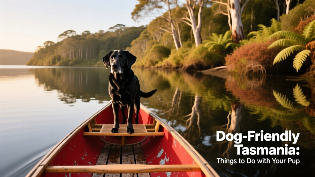 a black dog standing confidently on the back of a red one-person canoe on calm water, surrounded by Tasmanian bushland