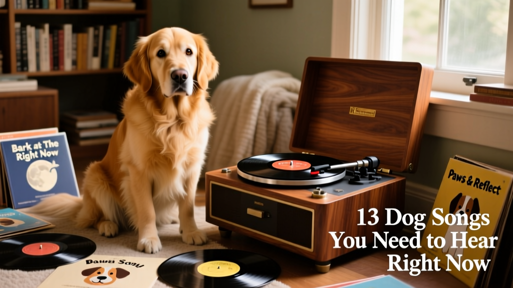 A golden retriever sitting beside a vintage record player with vinyl records scattered nearby