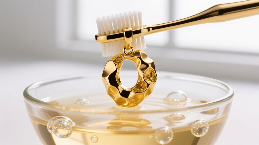 Soft toothbrush gently scrubbing the crevices of a mens gold nugget pendant submerged in a glass bowl of warm soapy water