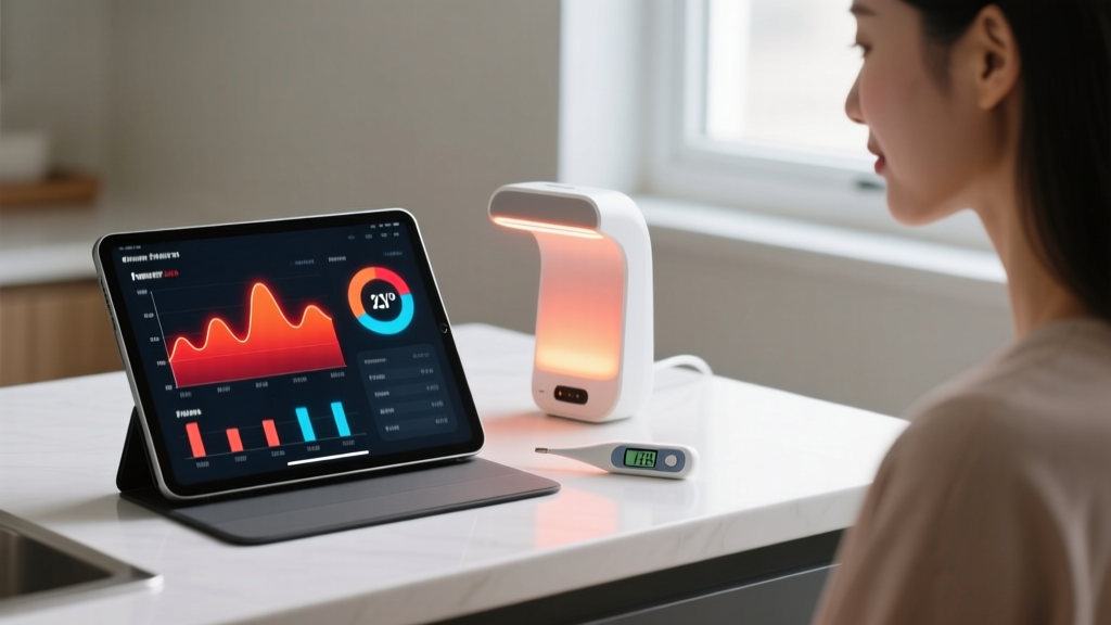 Digital chart on a tablet next to an infrared heat lamp and wireless thermometer used for at-home women