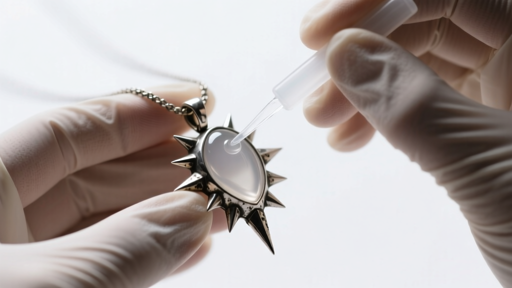 Nitrile-gloved hands applying a thin coat of clear jewelry sealant to a tarnished silver-toned spiked pendant necklace