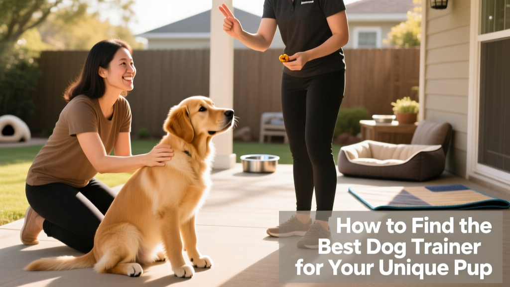 A calm, engaged dog learning a basic command during a positive reinforcement training session with their owner and a professional trainer