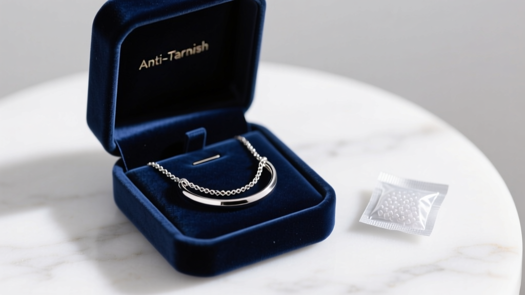 Anti-tarnish velvet jewelry box storing a coiled stainless steel two name necklace next to a small silica gel desiccant packet.