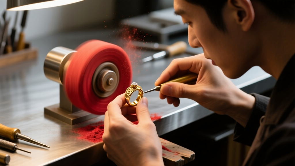 Jeweler using a rotary buffing wheel with polishing rouge on a gold ring, warm cinematic workshop lighting, side profile view.