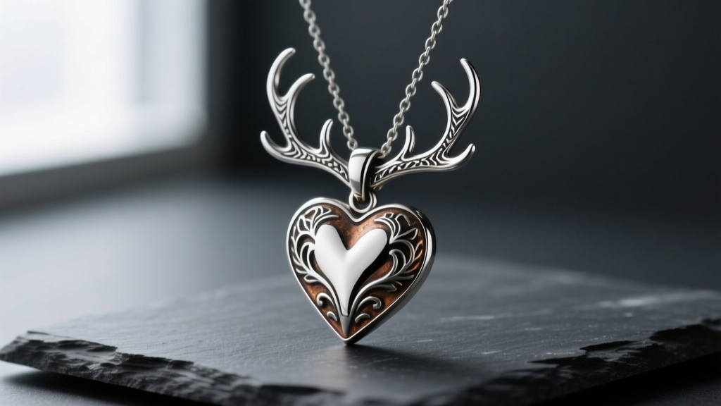 Close-up of an oxidized sterling silver hart necklace pendant featuring intricate stag antlers resting on a dark slate surface.