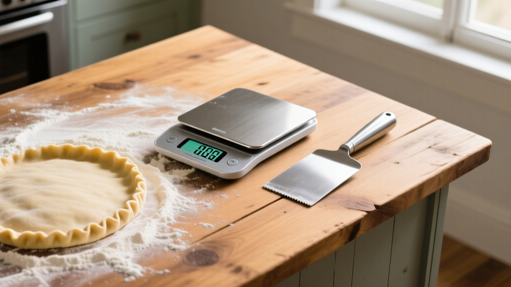 Overhead view of a rustic wooden kitchen island dusted with flour, featuring a digital baking scale, a metal bench scraper, and freshly rolled pie dough