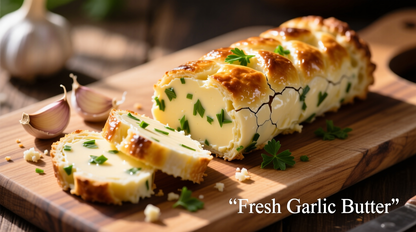 Fresh garlic butter log sliced on wooden board