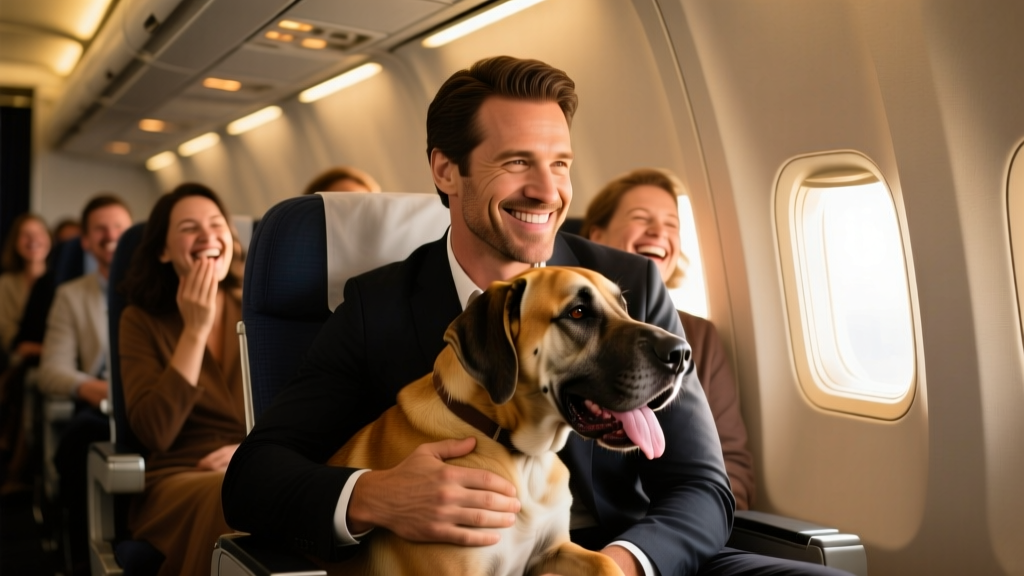 Man Goes Extra Mile for His Large Dog on Plane Ride and People Are Cracking Up