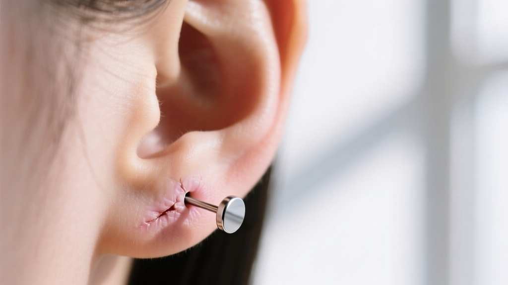 View of a threadless titanium push-pin earring bending slightly to create tension inside a healed cartilage piercing tract.