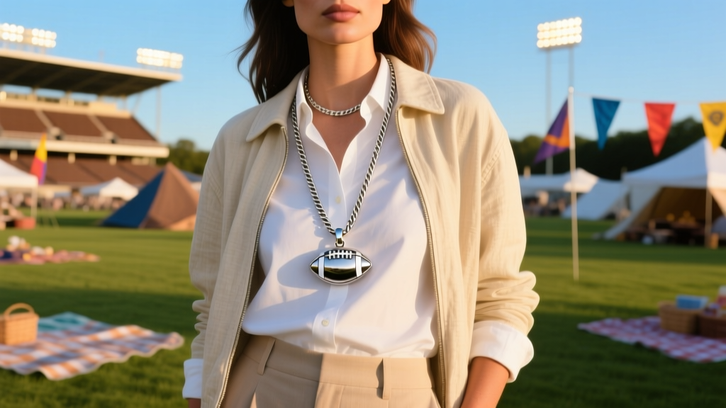 Female fan wearing a delicate 16-inch cable chain Raiders necklace layered with a silver football pendant at an outdoor tailgate.