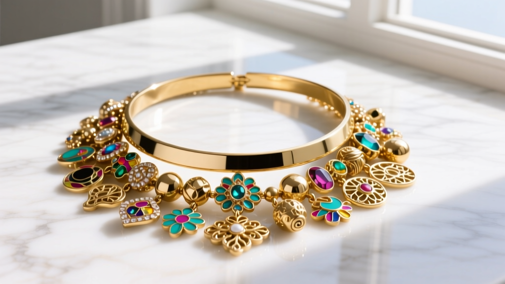Flat lay of a maximalist Betsey Johnson charm necklace layered with a simple gold choker on white marble in bright natural light