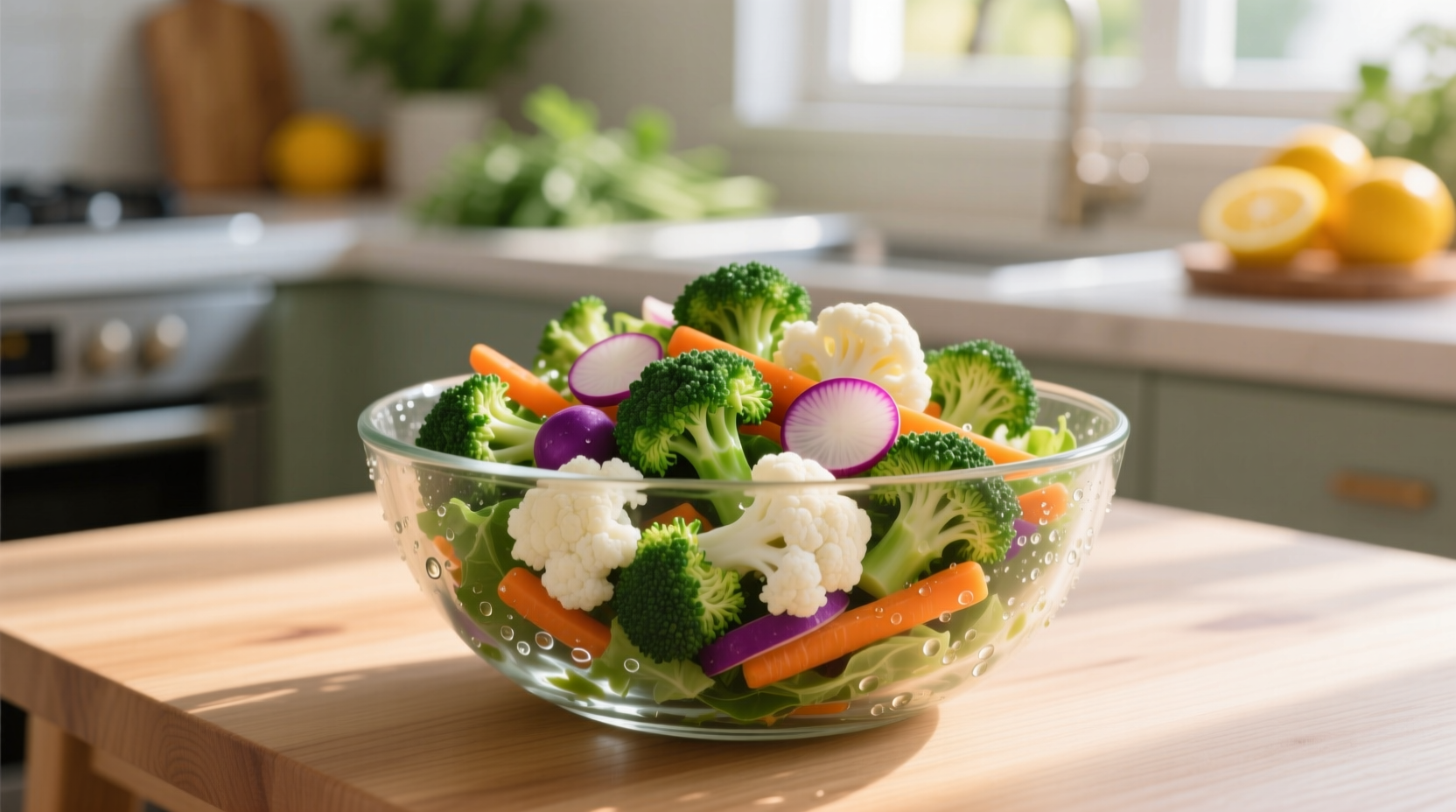 Colorful broccoli cauliflower salad in glass bowl