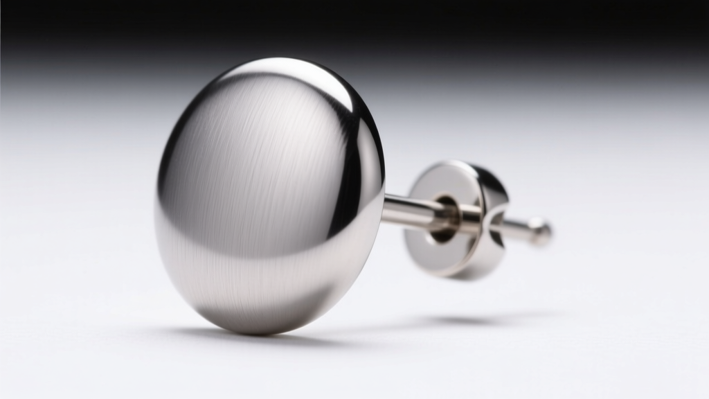Side profile of a brushed titanium button earring showing the seamless transition from the domed front to a 20-gauge post.