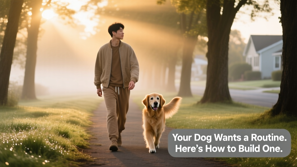 A person walking their dog at sunrise along a quiet tree-lined path, both looking relaxed and in sync