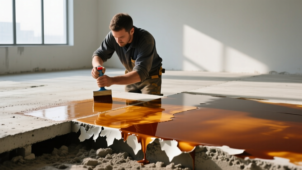 Worker applying translucent acid stain to porous concrete adjacent to a section coated in thick opaque epoxy paint peeling