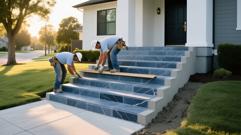 Masons installing bluestone treads on poured concrete base for exterior front entry steps in a residential suburban setting