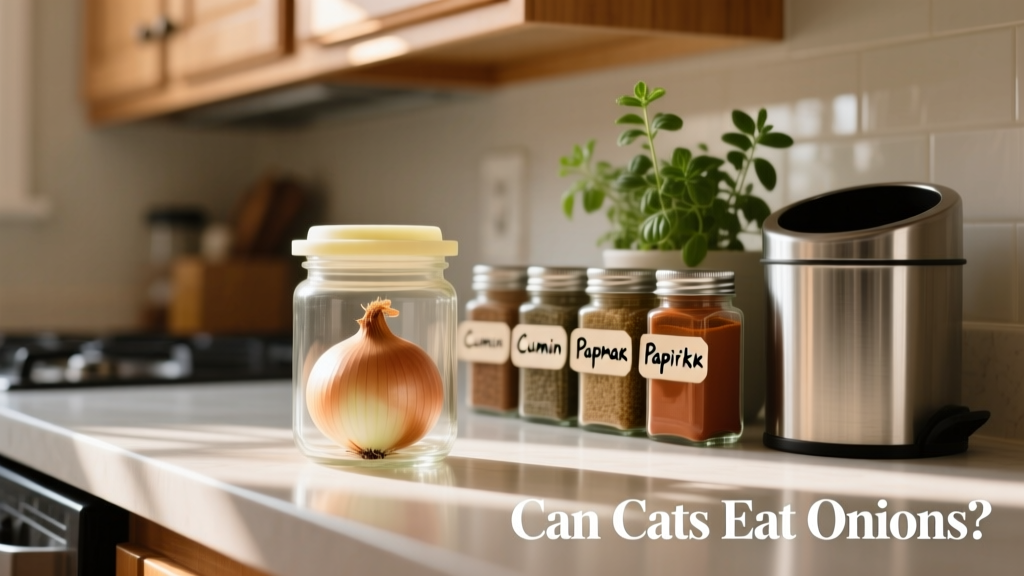 Kitchen counter with secure storage: onion in a sealed glass jar, spices in labeled containers, and a covered trash bin nearby