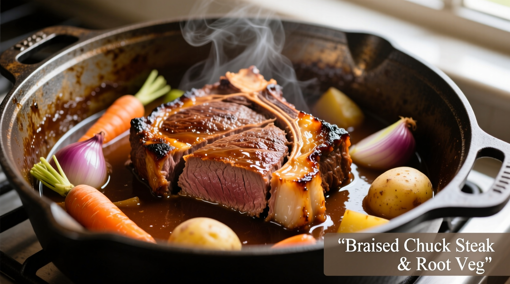 Perfectly braised chuck steak with vegetables in Dutch oven